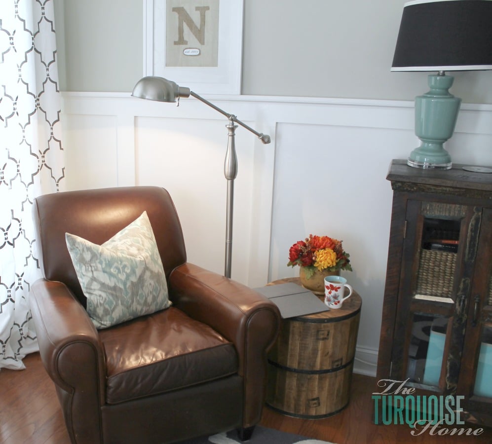 Reading Corner with new lamp and table from @HomeGoods | TheTurquoiseHome.com