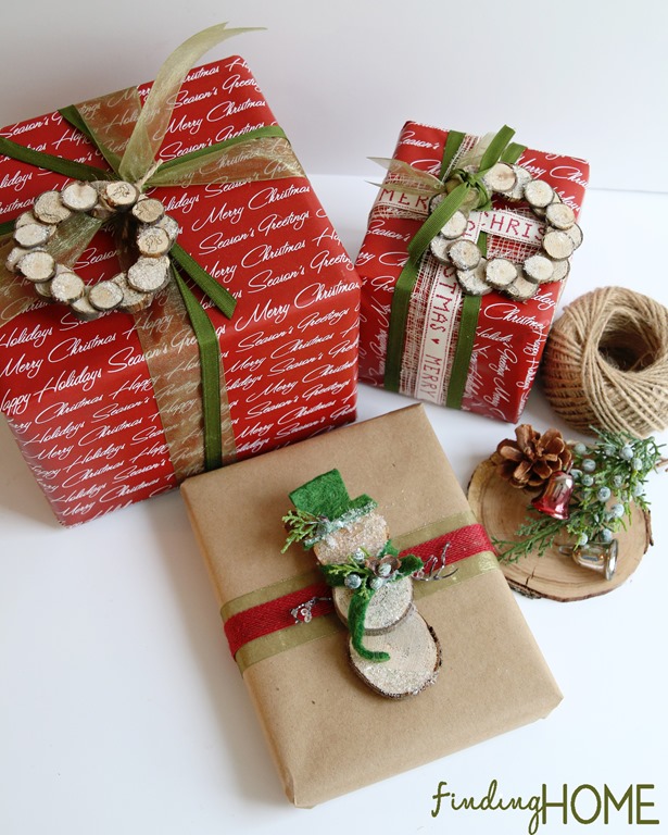 wood slice wreath and snowman gift wrapping