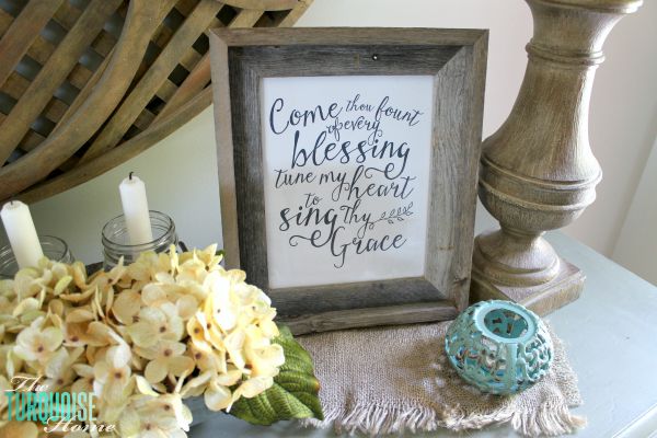 The temps are cooling down and it's time to break out the sweaters and the boots. Love this neutral fall vignette! (and a Come Thou Fount free printable) | Details and Printable at TheTurquoiseHome.com
