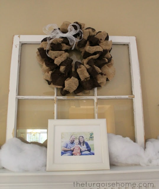 Burlap Wreath on Winter Mantel