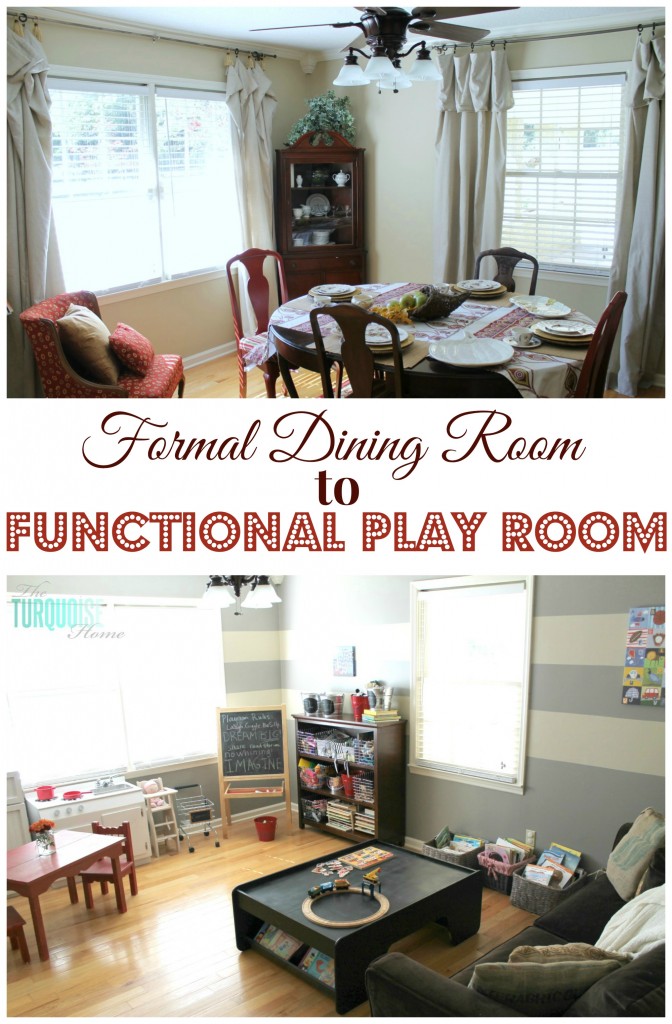 Formal Dining Room to Functional Play Room | TheTurquoiseHome.com
