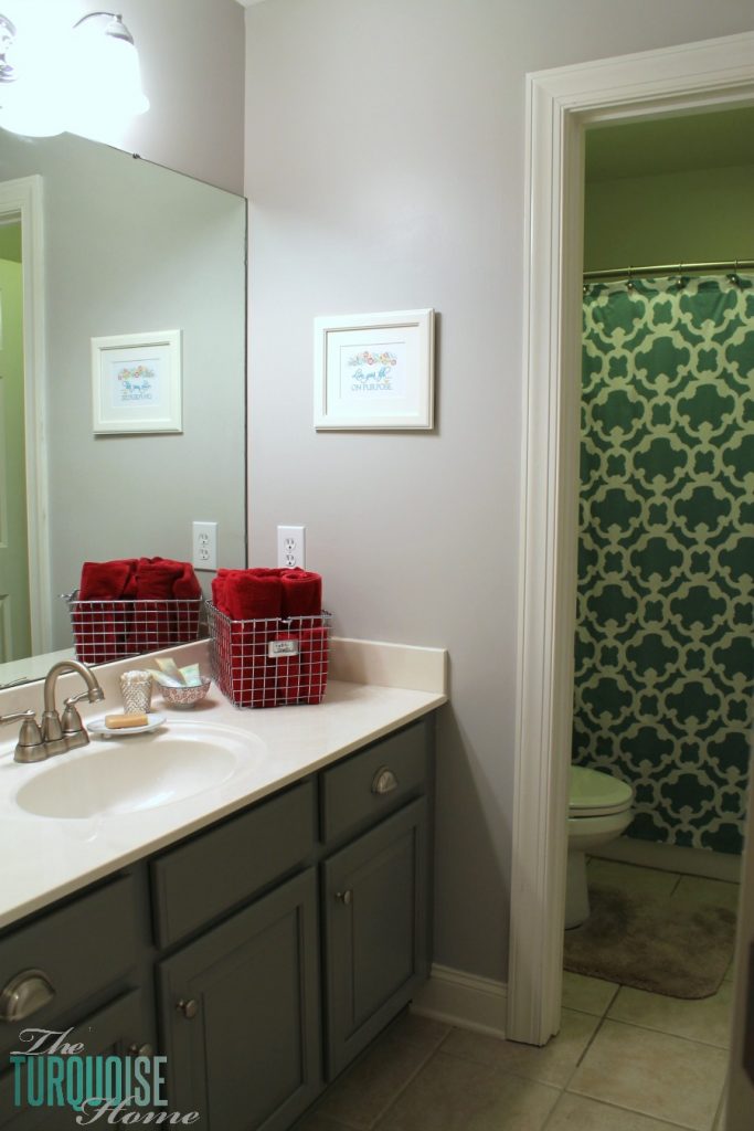 Traditional-Americana Guest Bathroom Update: painted walls, cabinets, new hardware and a punch of color!