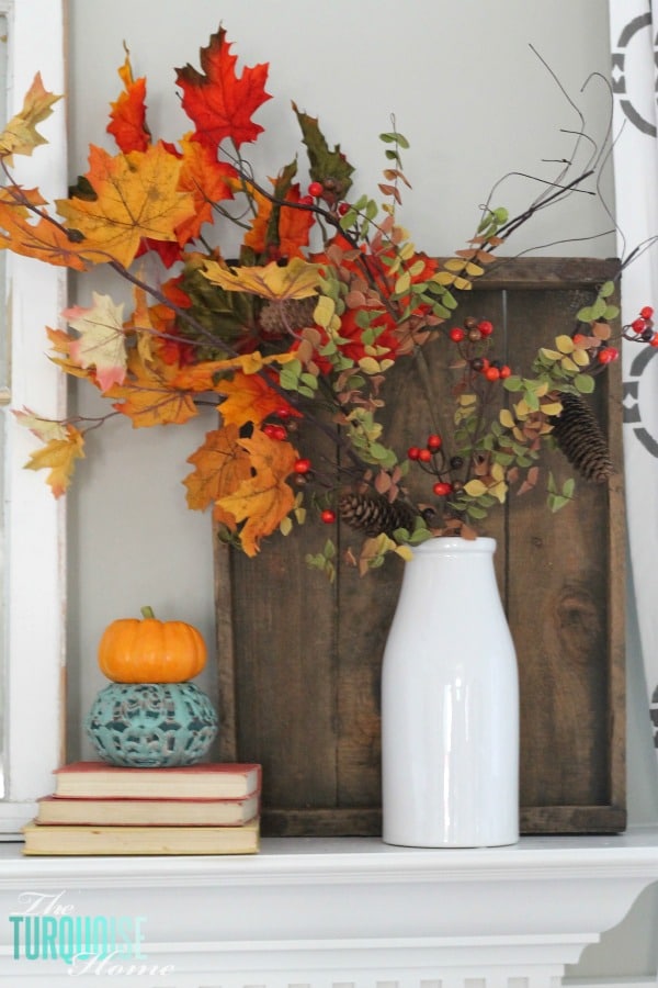 Turquoise and Orange Fall Harvest Mantel | TheTurquoiseHome.com