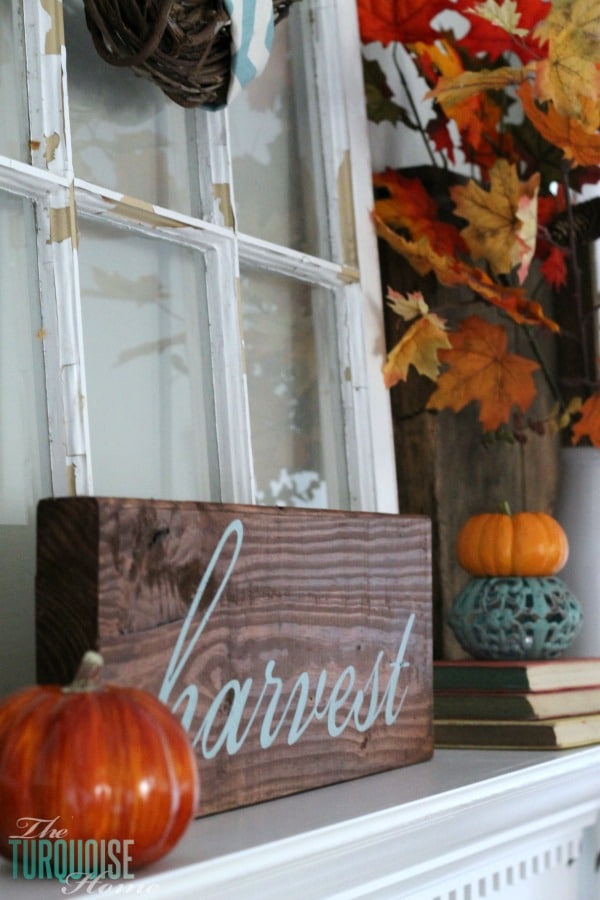 Turquoise and Orange Fall Harvest Mantel | TheTurquoiseHome.com