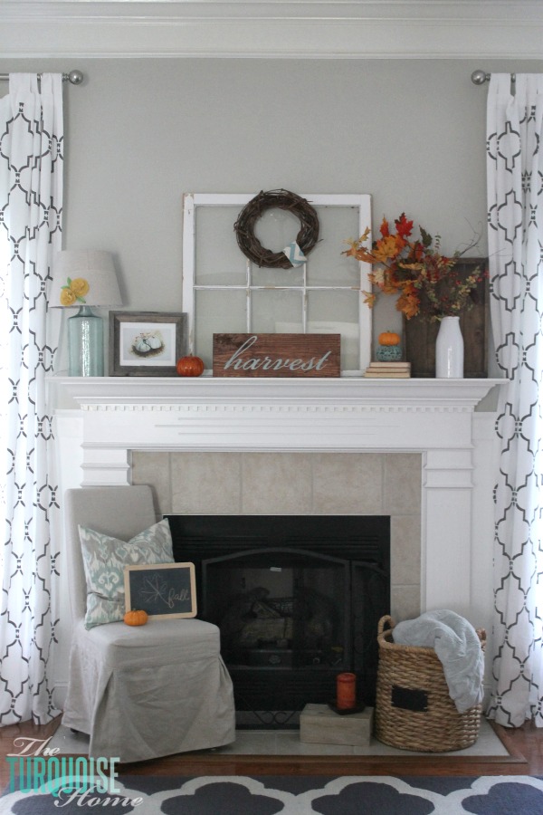 Turquoise and Orange Fall Harvest Mantel | TheTurquoiseHome.com