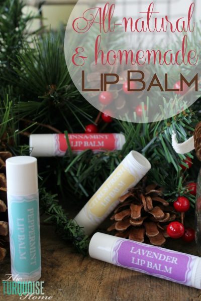 Using just three simple ingredients and a couple of minutes of your time, you can have homemade, all-nautral lip balms to give away as gifts or keep for yourself. LOVE these as stocking stuffers or a gift anytime "just because." | TheTurquoiseHome.com