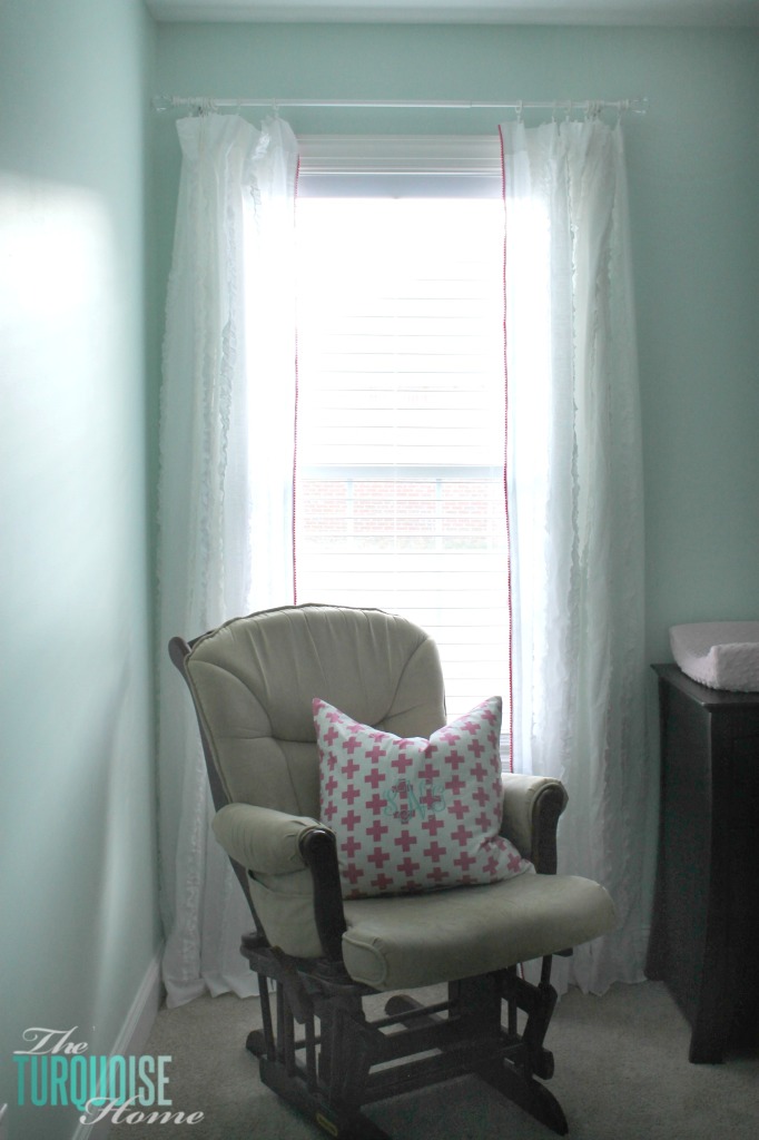 I love the little detail of the pom pom trim. And it's no-sew, my favorite!! Sweet Nursery Curtains with No-Sew Pom Pom Trim | TheTurquoiseHome.com