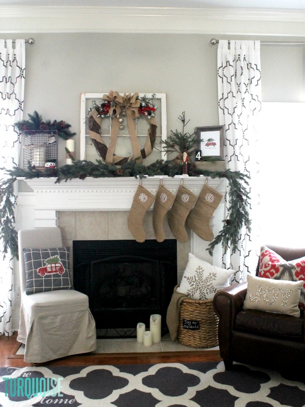 Simple Rustic (and a little glam) Christmas Mantel | TheTurquoiseHome.com