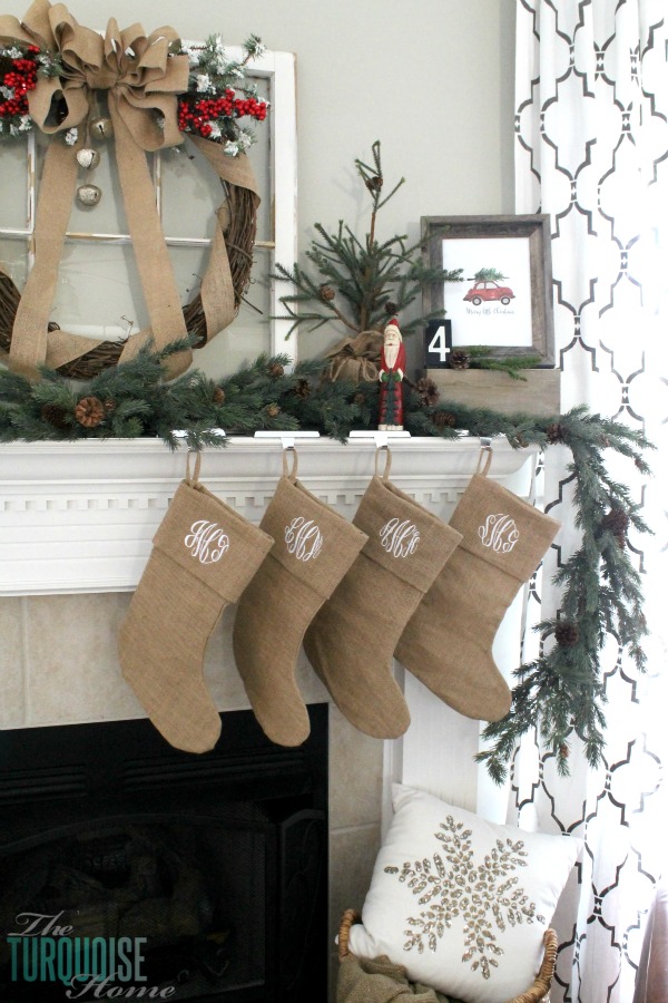 Simple Rustic (and a little glam) Christmas Mantel | TheTurquoiseHome.com