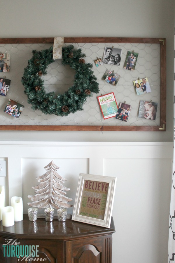 Easy framed chicken wire Christmas card holder | Simple Winter and Christmas Decor in the Living Room | TheTurquoiseHome.com