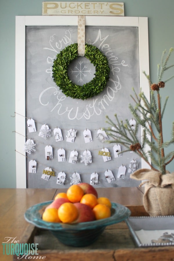 Christmas Chalkboard with Advent Calendar | Christmas Decorating in the Kitchen | TheTurquoiseHome.com