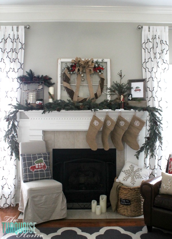 Simple Rustic (and a little glam) Christmas Mantel | TheTurquoiseHome.com