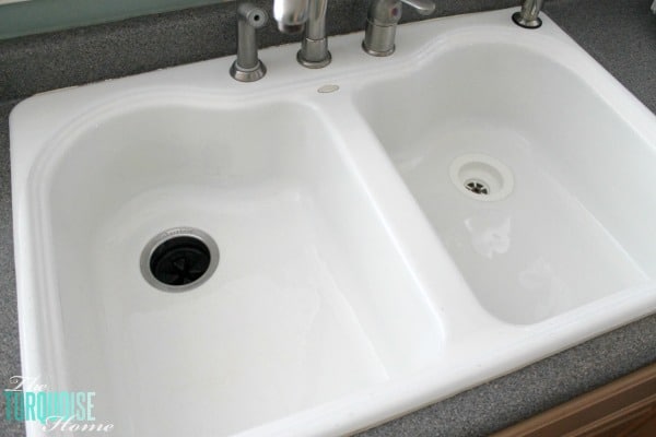 Before I found this all-natural DIY soft scrub, my husband thought my kitchen sink was an off-white color. But since discovering this amazing cleaning product (made with only 3 ingredients), I've cleaned my sink every day. It's whiter than when I used bleach on it! Get the recipe via TheTurquoiseHome.com