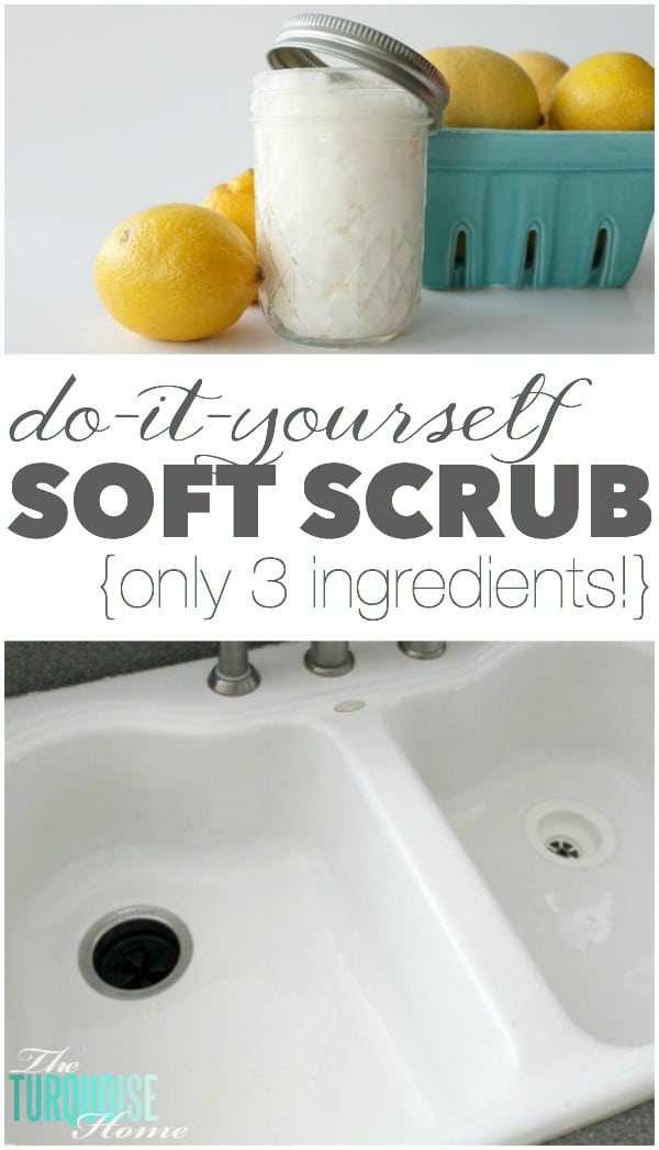 Before I found this all-natural DIY soft scrub, my husband thought my kitchen sink was an off-white color. But since discovering this amazing cleaning product (made with only 3 ingredients), I've cleaned my sink every day. It's whiter than when I used bleach on it! Get the recipe via TheTurquoiseHome.com