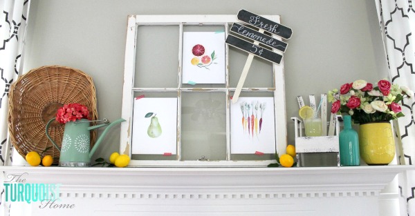 I love these fresh pops of colors and citrus inspiration on this fun summer mantel! A Garden and Lemonade Stand Summer Mantel. Get all the juicy details at TheTurquoiseHome.com