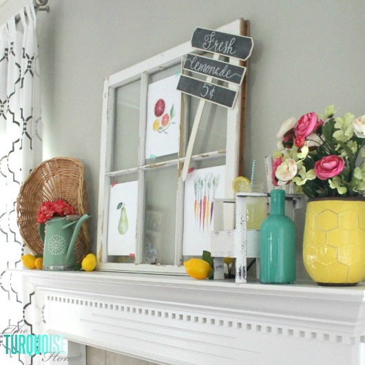 I love these fresh pops of colors and citrus inspiration on this fun summer mantel! A Garden and Lemonade Stand Summer Mantel. Get all the juicy details at TheTurquoiseHome.com