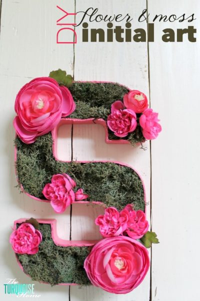 I love this sweet and simple DIY project - perfect for a baby girl's nursery | DIY Flower and Moss Initial Art via TheTurquoiseHome.com | DIY Monogram for girl's room