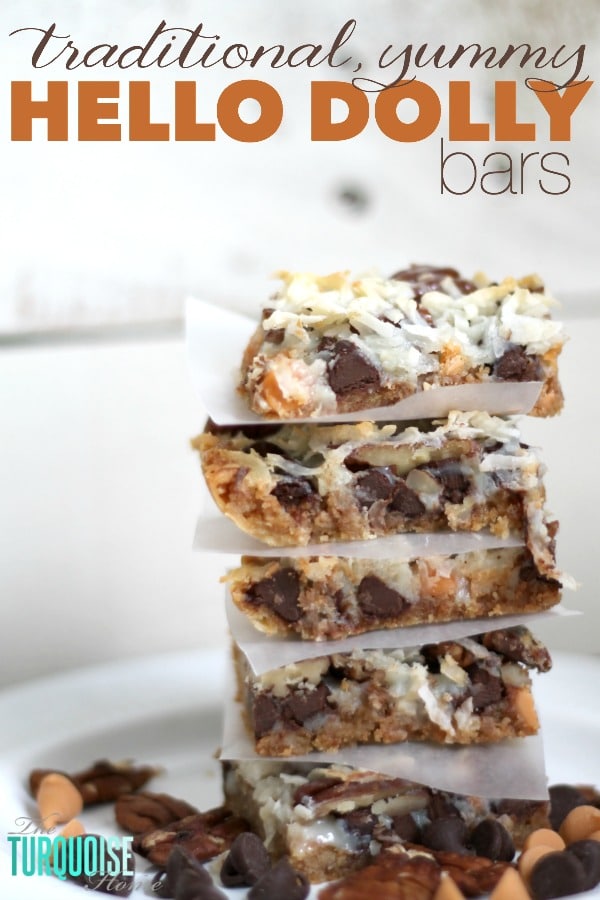 This quick and easy dessert is the traditional and yummy Hello Dolly Bar, but can also be called a Magic Bar or a 7 Layer Bar. Whatever you call it, the soft, delicious graham cracker crust, rich chocolate and crunchy coconut drizzled with sweetened condensed milk is so scrumptious that you'll be making them for every pool party this summer. | Recipe via TheTurquoiseHome.com
