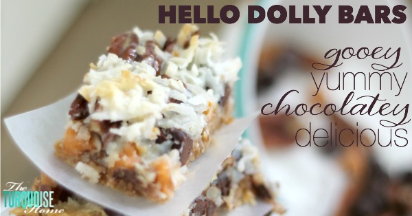 This quick and easy dessert is the traditional and yummy Hello Dolly Bar, but can also be called a Magic Bar or a 7 Layer Bar. Whatever you call it, the soft, delicious graham cracker crust, rich chocolate and crunchy coconut drizzled with sweetened condensed milk is so scrumptious that you'll be making them for every pool party this summer. | Recipe via TheTurquoiseHome.com