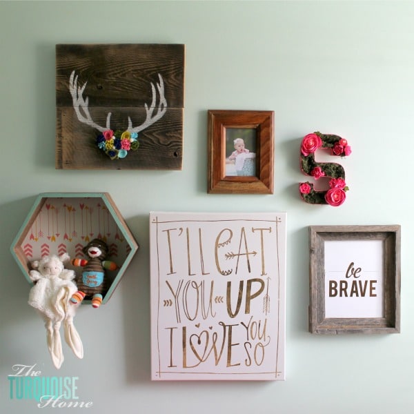 Such a sweet, girly gallery wall in a woodland nursery. All of the details at TheTurquoiseHome.com 