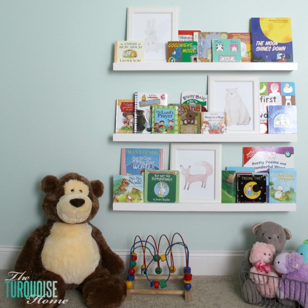 These simple DIY $10 ledges are easy to make; I love the price; and they make such a huge impact. Perfect for storing books on an empty wall in a kids room or play room. | Tutorial via TheTurquoiseHome.com