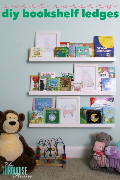 These simple DIY $10 ledges are easy to make; I love the price; and they make such a huge impact. Perfect for storing books on an empty wall in a kids room or play room. | Tutorial via TheTurquoiseHome.com