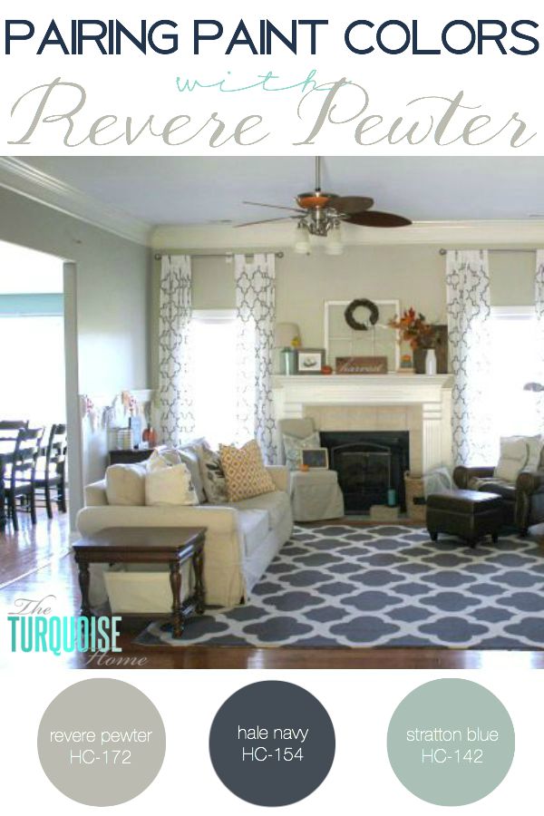 This is the most beautiful and versatile gray paint color out there. I love it in any room of the house and you can pair it with any other color. Love my Revere Pewter! Find out some great coordination colors! | Details at TheTurquoiseHome.com