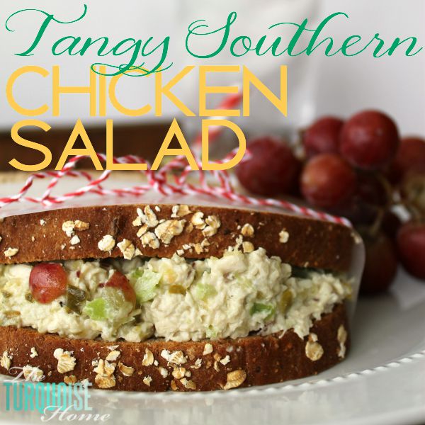 This tangy, southern chicken salad is a staple in our home. The combination of chicken, sweet pickles, grapes, celery and Durkee's Famous Sauce will make your mouth water and leave your tummy satisfied. Make some and invite the whole family over! | Recipe at TheTurquoiseHome.com