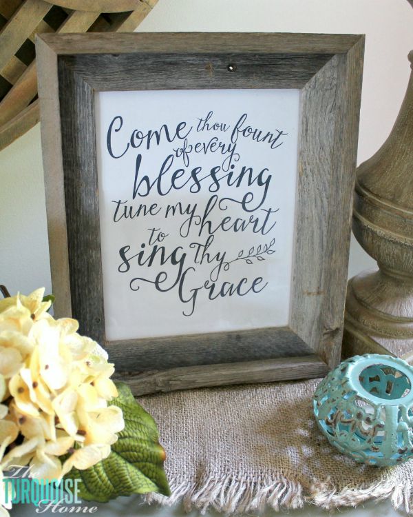 The temps are cooling down and it's time to break out the sweaters and the boots. Love this neutral fall vignette! (and a Come Thou Fount free printable) | Details and Printable at TheTurquoiseHome.com