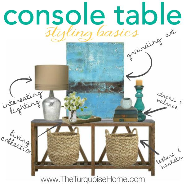 If you know the basics to styling a console table or any vignette, you're house will be looking like it's straight out of a magazine in no time! | Details at TheTurquoiseHome.com