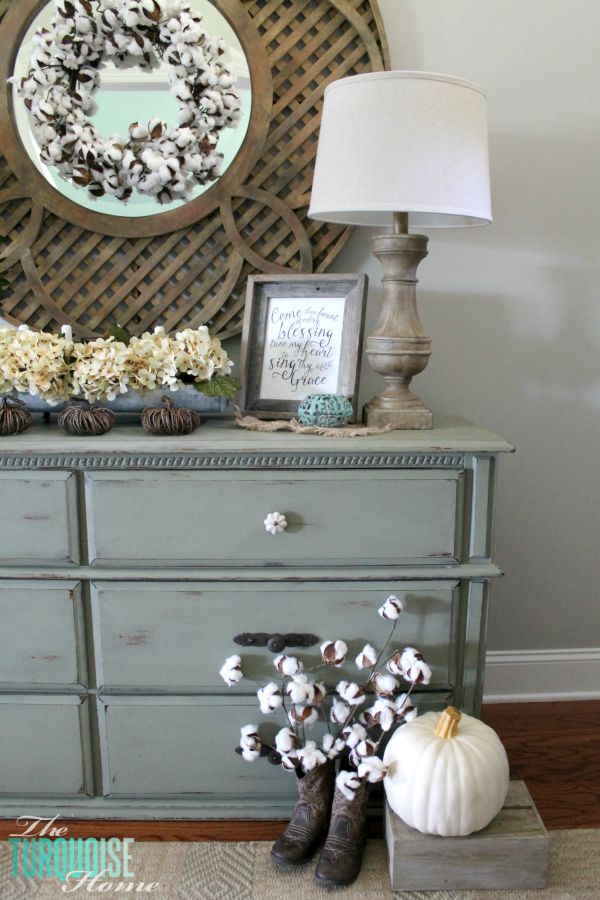 The temps are cooling down and it's time to break out the sweaters and the boots. Love this neutral fall vignette! (and a Come Thou Fount free printable) | Details and Printable at TheTurquoiseHome.com