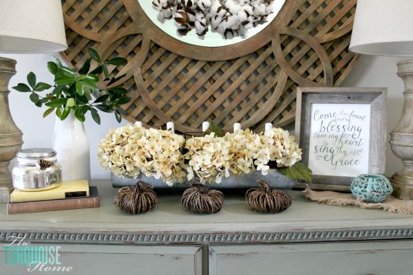 The temps are cooling down and it's time to break out the sweaters and the boots. Love this neutral fall vignette! (and a Come Thou Fount free printable) | Details and Printable at TheTurquoiseHome.com