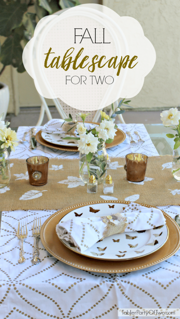 Fall Tablescape for Two with a table setting in neutral gold and white.