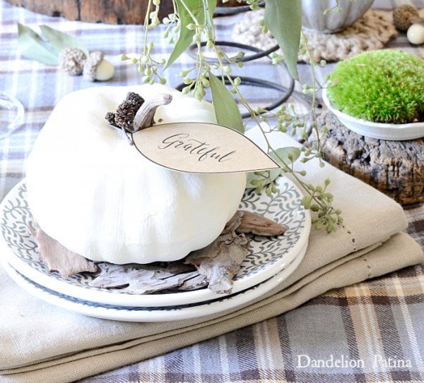 A white pumpkin with the word grateful on a tag wrapped around the stem, sitting on a plate.