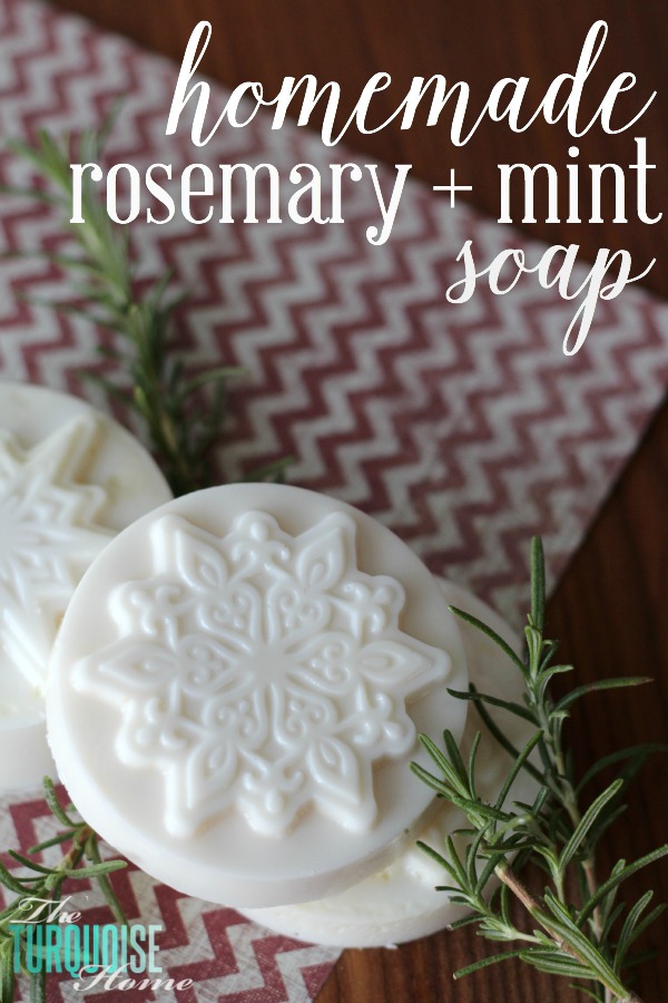 This homemade rosemary and mint soap is so easy to make! Only 3 ingredients and 10 minutes, smells amazing and would make excellent teacher or neighbor gifts! | Recipe at TheTurquoiseHome.com