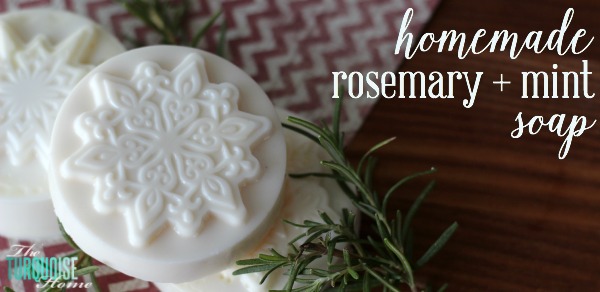 This homemade rosemary and mint soap is so easy to make! Only 3 ingredients and 10 minutes, smells amazing and would make excellent teacher or neighbor gifts! | Recipe at TheTurquoiseHome.com