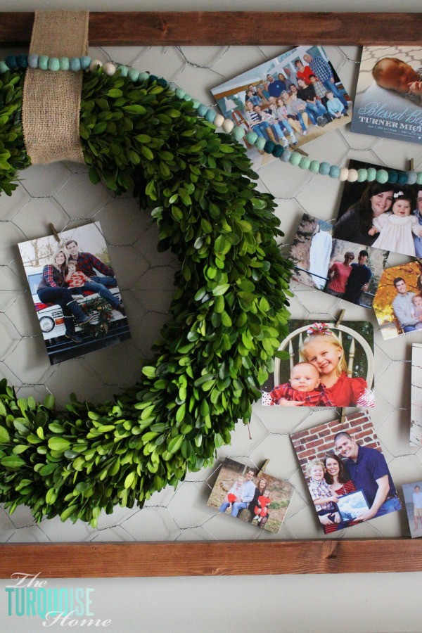 Boxwood Wreath on Framed Chickenwire Christmas Card Holder