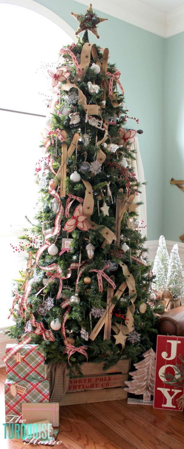 A Country Plaid and Burlap Christmas Tree with burlap plaid and buffalo check