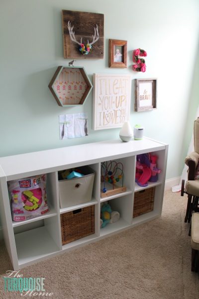 YAY! Toy storage for baby's room. Love this Kallax shelving unit from IKEA!