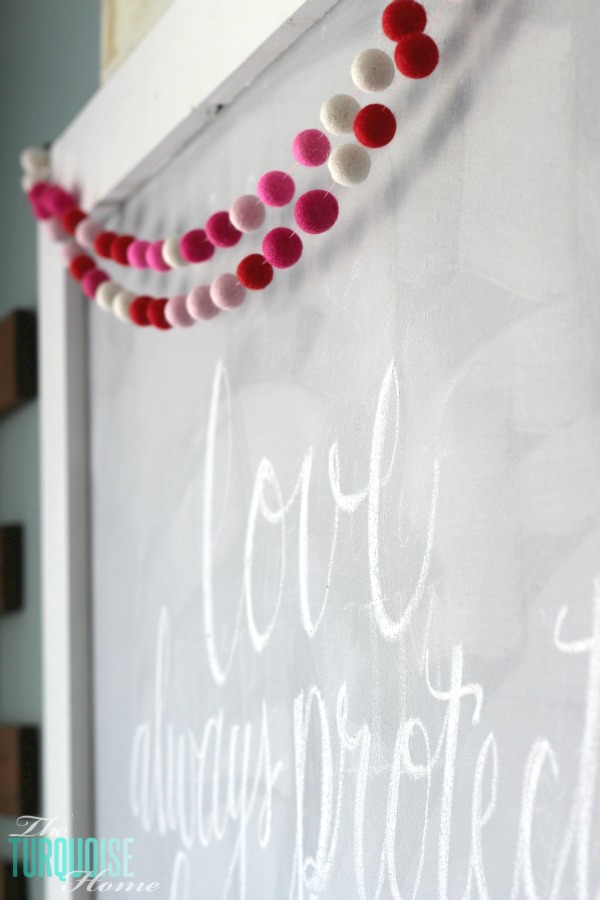 Love Never Fails Valentine's Day Chalkboard + DIY Felt Garland | TheTurquoiseHome.com