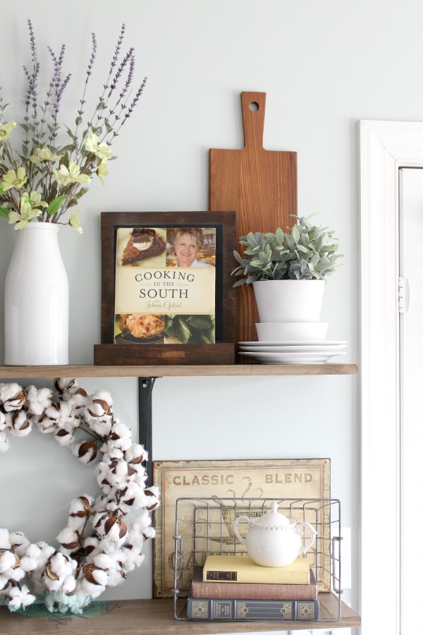 LOVE these tips for styling shelves. These $40 DIY shelves were transformed with some old and new farmhouse decor. | TheTurquoiseHome.com