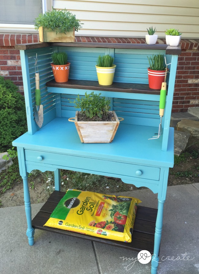 shutters and desk repurposed into potting bench, MyLove2Create