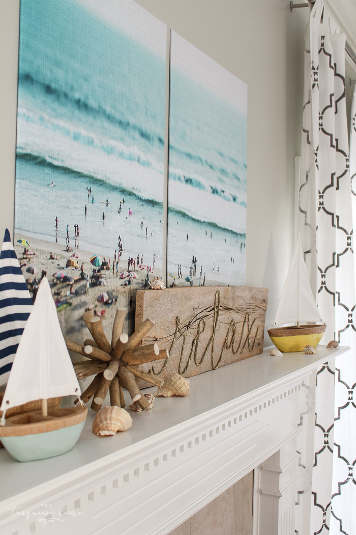 Such cute DIY projects, like the rope sign and the cheap large art! Relaxing at the Beach | Summer Mantel 2016