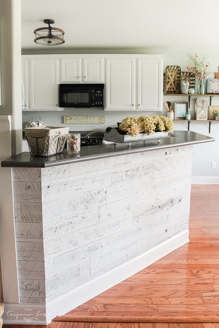 LOVE this beautiful transformation!! Weathered Reclaimed Kitchen Bar