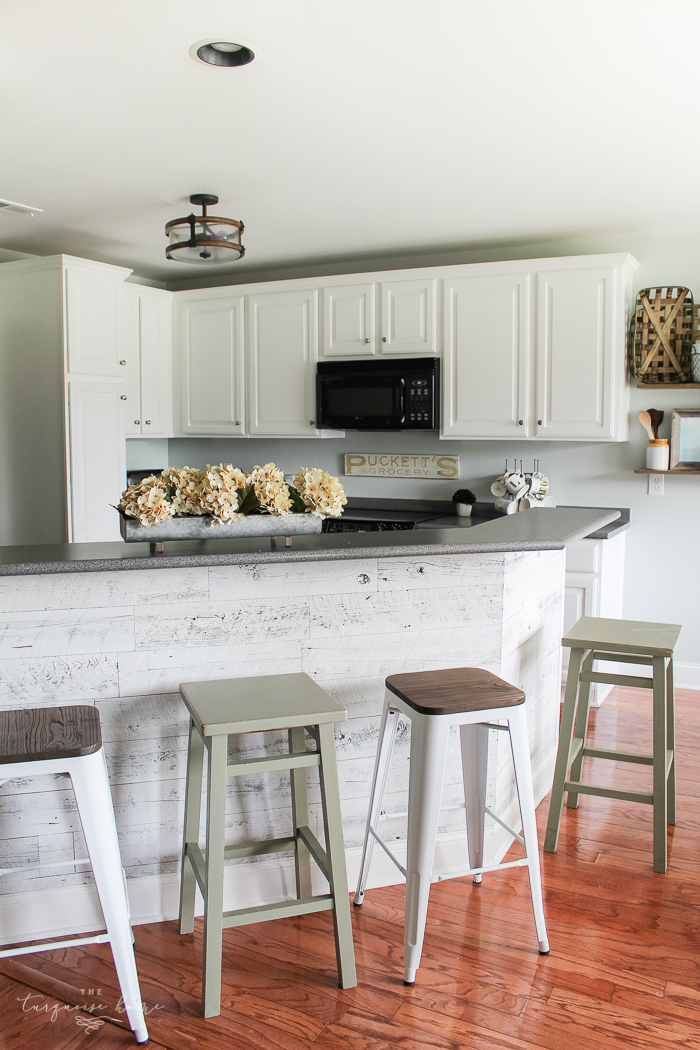 LOVE this beautiful transformation!! Weathered Reclaimed Kitchen Bar