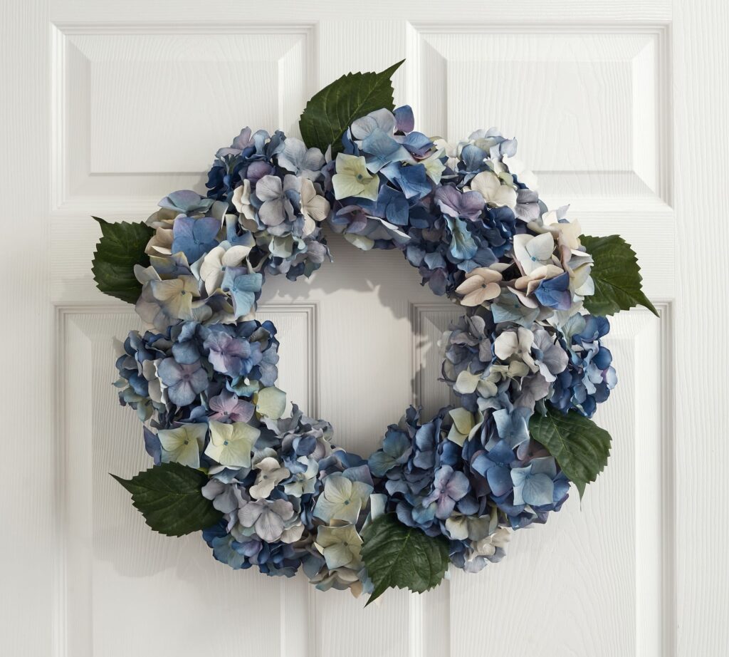 faux blue hydrangea wreath