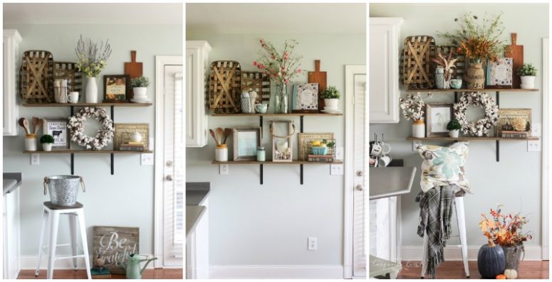 You don't have to have a huge storage room for seasonal decor! Just change out a few pieces here and there!! | How to Decorate Simply For Every Season | Fall Farmhouse Kitchen Shelves