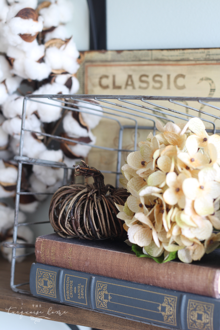 You don't have to have a huge storage room for seasonal decor! Just change out a few pieces here and there!! | How to Decorate Simply For Every Season | Fall Farmhouse Kitchen Shelves