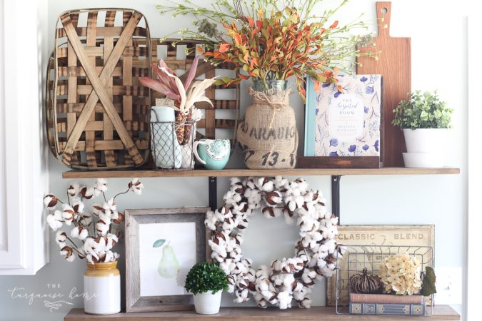 You don't have to have a huge storage room for seasonal decor! Just change out a few pieces here and there!! | How to Decorate Simply For Every Season | Fall Farmhouse Kitchen Shelves