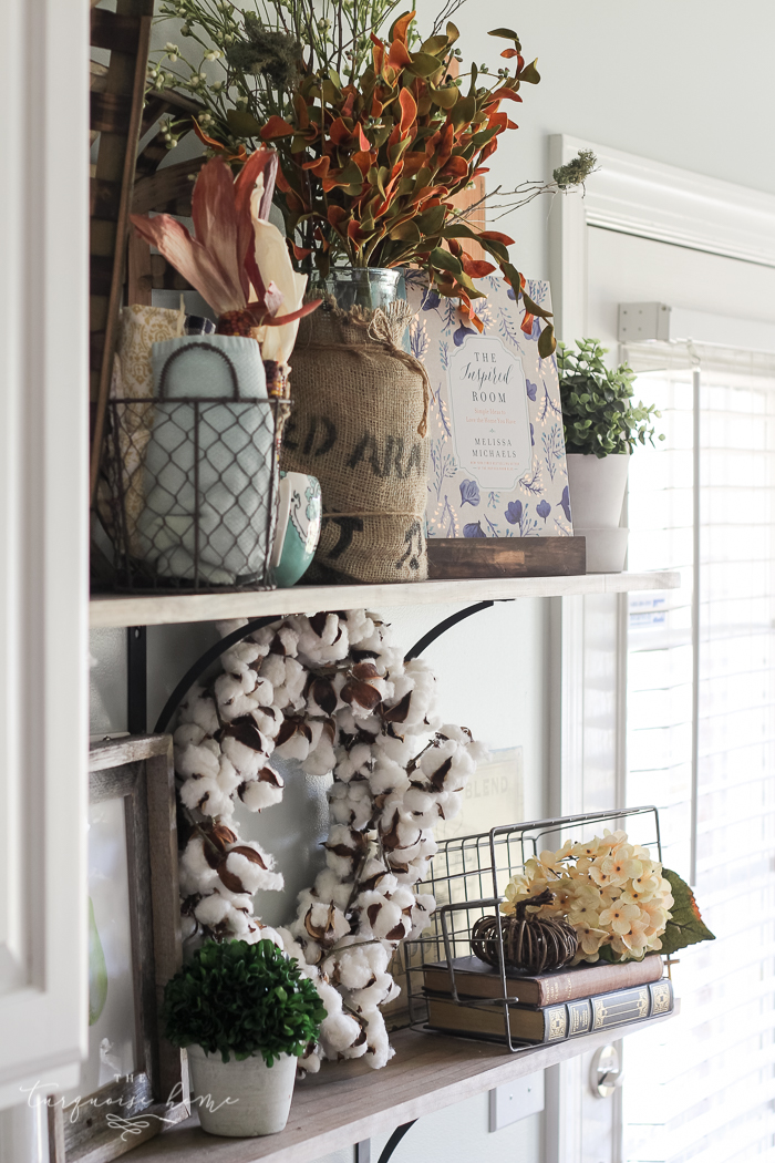 You don't have to have a huge storage room for seasonal decor! Just change out a few pieces here and there!! | How to Decorate Simply For Every Season | Fall Farmhouse Kitchen Shelves